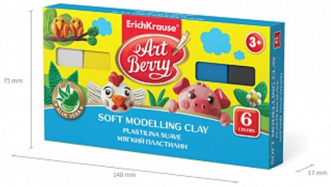 Пластилин мягкий (восковой), 6 цветов, 120 г, ErichKrause ArtBerry премиум, с Алоэ Вера, со стеком, картон, с европодвесом