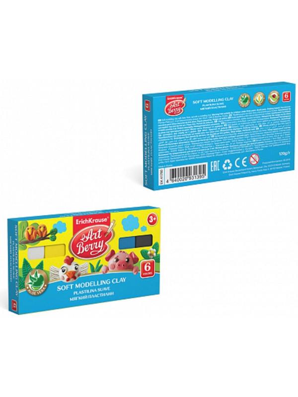 Пластилин мягкий (восковой), 6 цветов, 120 г, ErichKrause ArtBerry премиум, с Алоэ Вера, со стеком, картон, с европодвесом