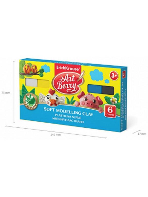 Пластилин мягкий (восковой), 6 цветов, 120 г, ErichKrause ArtBerry премиум, с Алоэ Вера, со стеком, картон, с европодвесом