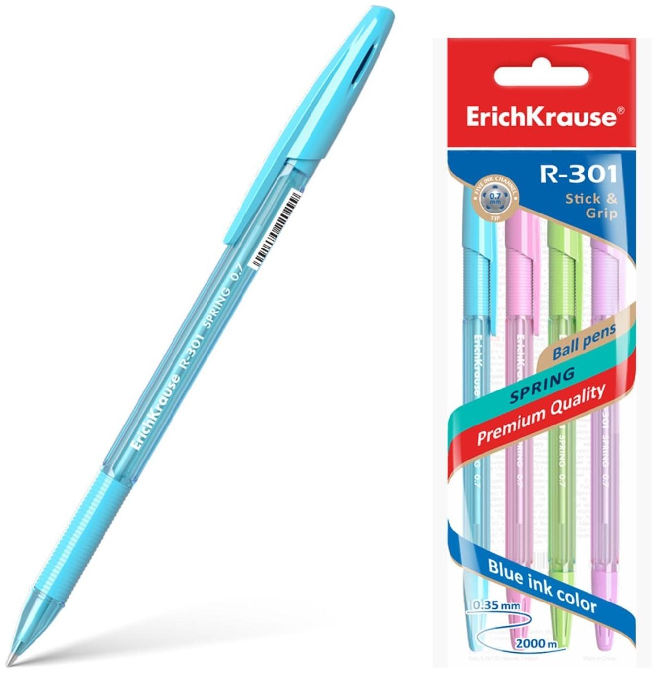 Набор ручек шариковых 4 штуки ErichKrause R-301 Spring Stick & Grip, узел 0.7 мм, чернила синие, резиновый упор, длина линии письма 1000 метров, европодвес