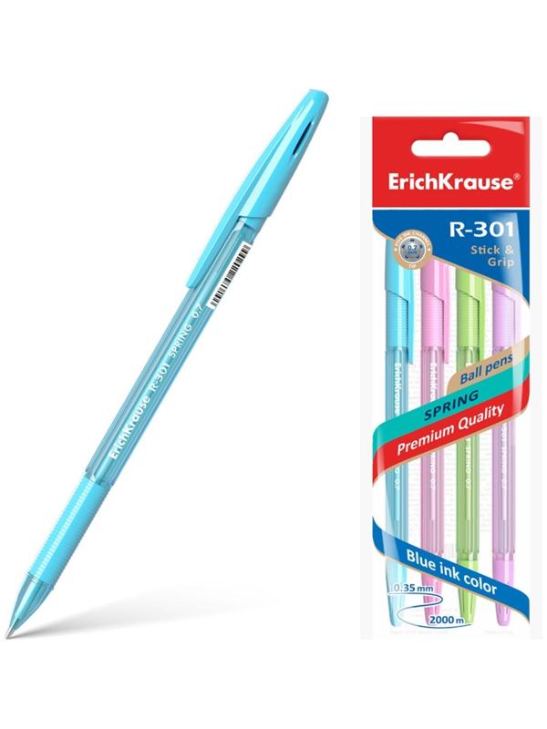 Набор ручек шариковых 4 штуки ErichKrause R-301 Spring Stick & Grip, узел 0.7 мм, чернила синие, резиновый упор, длина линии письма 1000 метров, европодвес