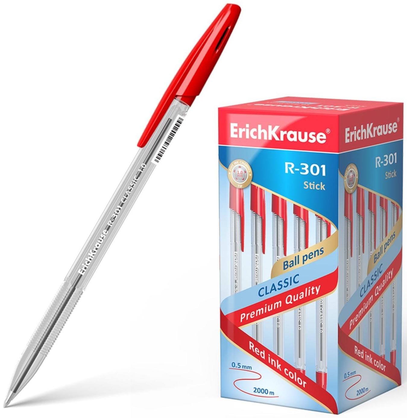 Ручка шариковая Erich Krause R-301 Classic Stick, узел 1.0 мм, чернила красные, длина линии письма 2000 метров, штрихкод на ручке