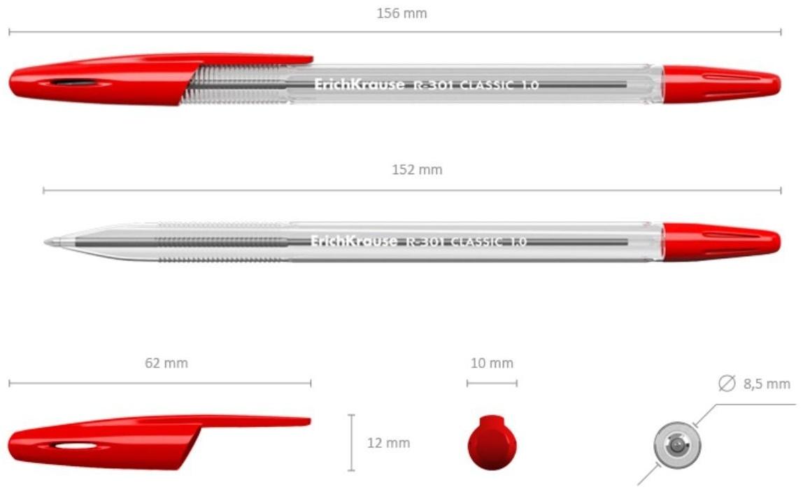Ручка шариковая Erich Krause R-301 Classic Stick, узел 1.0 мм, чернила красные, длина линии письма 2000 метров, штрихкод на ручке