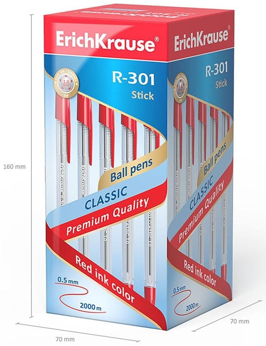 Ручка шариковая Erich Krause R-301 Classic Stick, узел 1.0 мм, чернила красные, длина линии письма 2000 метров, штрихкод на ручке