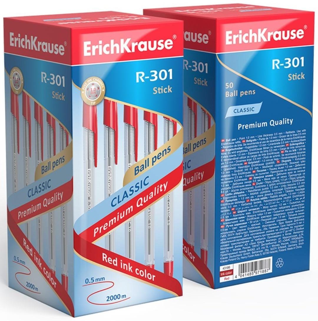 Ручка шариковая Erich Krause R-301 Classic Stick, узел 1.0 мм, чернила красные, длина линии письма 2000 метров, штрихкод на ручке