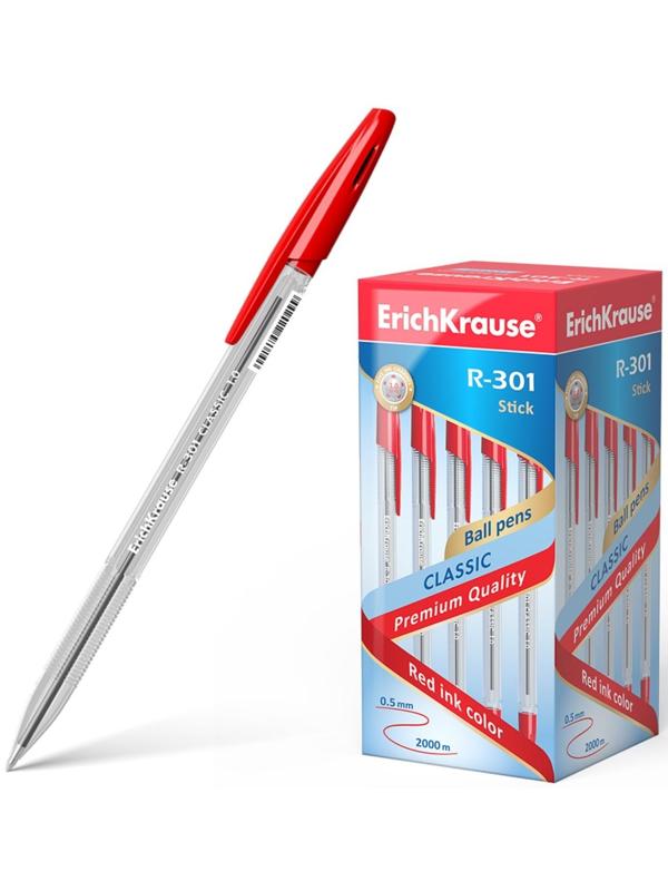 Ручка шариковая Erich Krause R-301 Classic Stick, узел 1.0 мм, чернила красные, длина линии письма 2000 метров, штрихкод на ручке