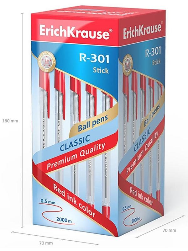 Ручка шариковая Erich Krause R-301 Classic Stick, узел 1.0 мм, чернила красные, длина линии письма 2000 метров, штрихкод на ручке