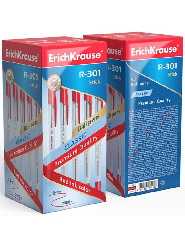 Ручка шариковая Erich Krause R-301 Classic Stick, узел 1.0 мм, чернила красные, длина линии письма 2000 метров, штрихкод на ручке
