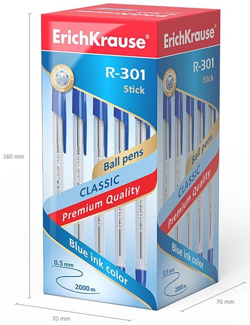 Ручка шариковая ErichKrause R-301 Classic Stick, узел 1.0 мм, чернила синие, длина линии письма 2000 метров, штрихкод на ручке