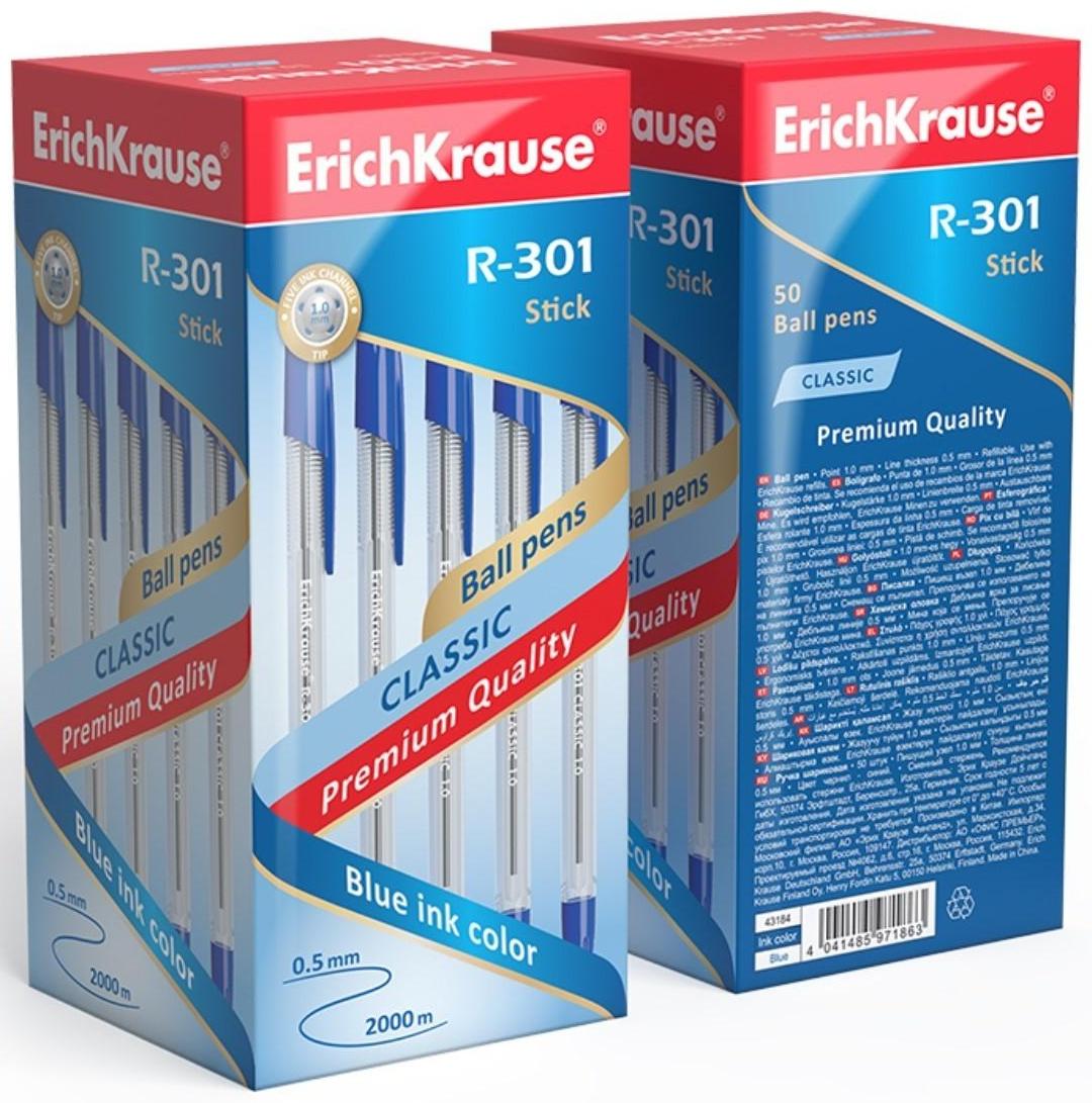 Ручка шариковая ErichKrause R-301 Classic Stick, узел 1.0 мм, чернила синие, длина линии письма 2000 метров, штрихкод на ручке