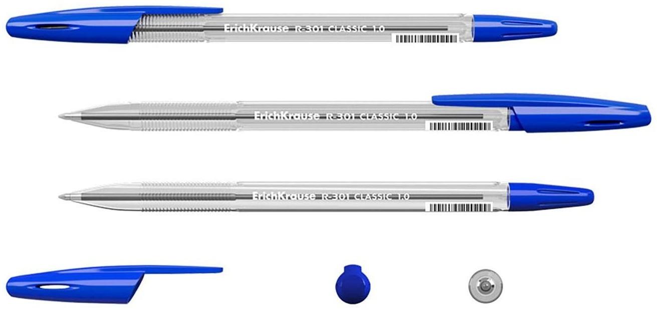 Ручка шариковая ErichKrause R-301 Classic Stick, узел 1.0 мм, чернила синие, длина линии письма 2000 метров, штрихкод на ручке