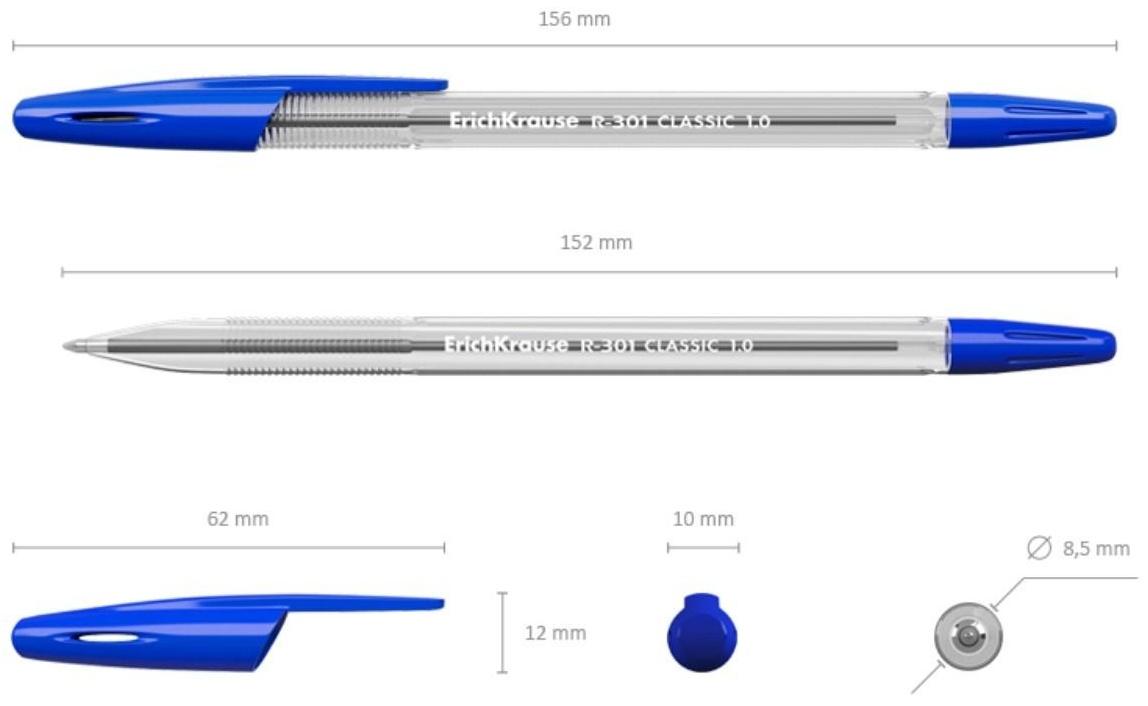 Ручка шариковая ErichKrause R-301 Classic Stick, узел 1.0 мм, чернила синие, длина линии письма 2000 метров, штрихкод на ручке