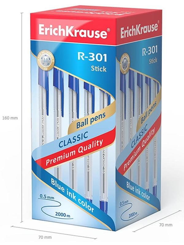 Ручка шариковая ErichKrause R-301 Classic Stick, узел 1.0 мм, чернила синие, длина линии письма 2000 метров, штрихкод на ручке