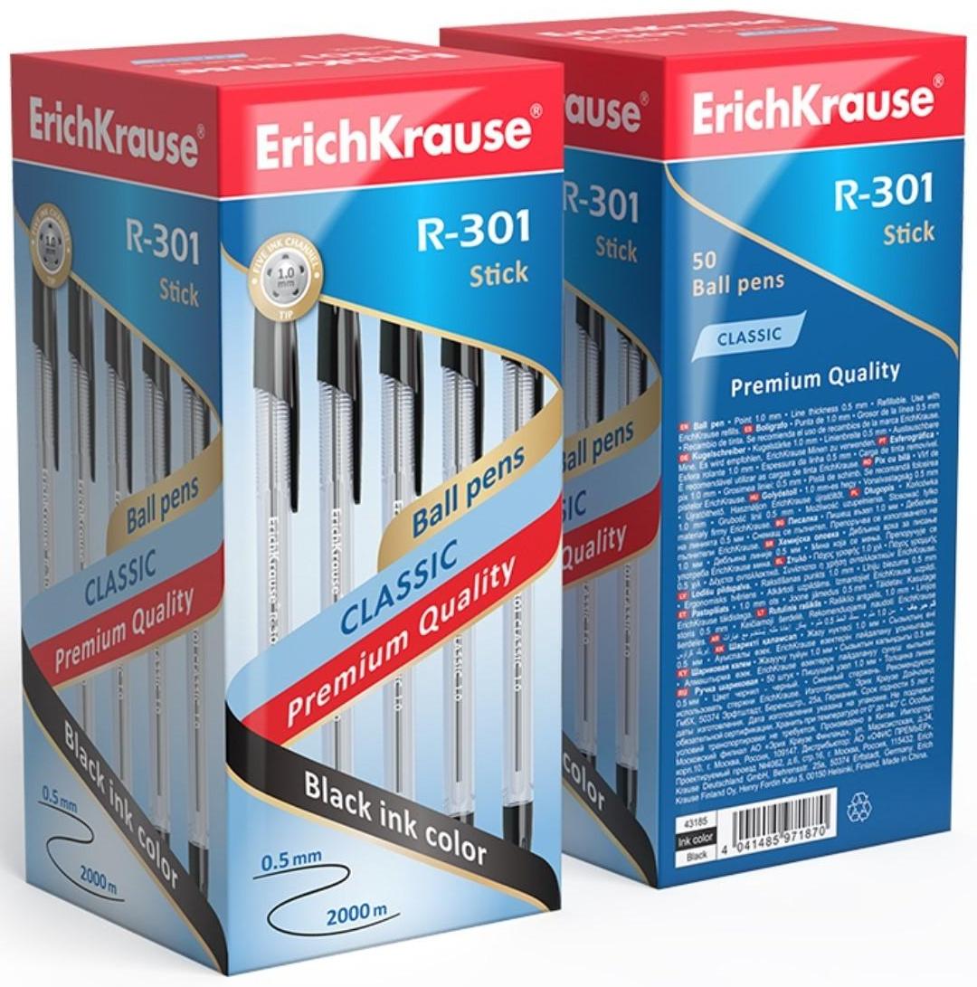 Ручка шариковая Erich Krause R-301 Classic Stick, узел 1.0 мм, чернила чёрные, длина линии письма 2000 метров, штрихкод на ручке