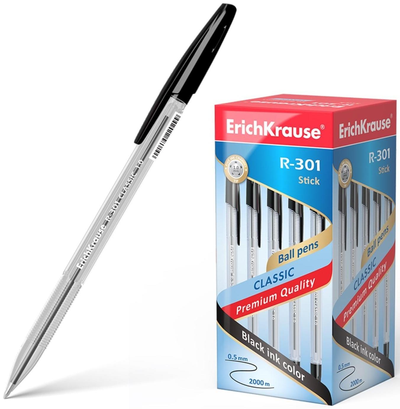 Ручка шариковая Erich Krause R-301 Classic Stick, узел 1.0 мм, чернила чёрные, длина линии письма 2000 метров, штрихкод на ручке