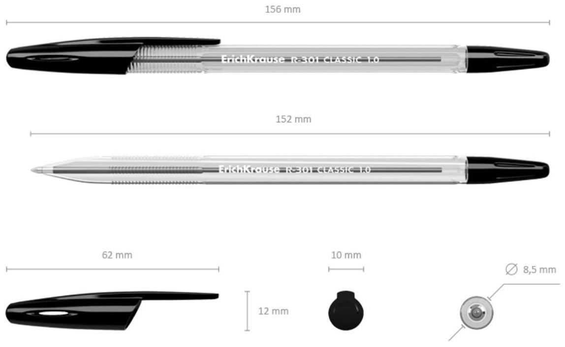 Ручка шариковая Erich Krause R-301 Classic Stick, узел 1.0 мм, чернила чёрные, длина линии письма 2000 метров, штрихкод на ручке