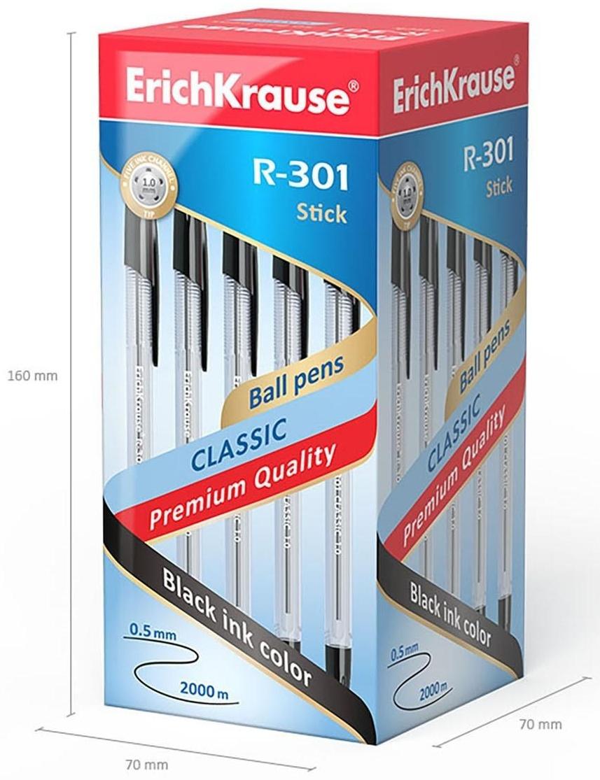 Ручка шариковая Erich Krause R-301 Classic Stick, узел 1.0 мм, чернила чёрные, длина линии письма 2000 метров, штрихкод на ручке