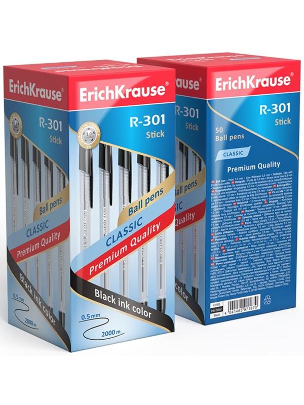 Ручка шариковая Erich Krause R-301 Classic Stick, узел 1.0 мм, чернила чёрные, длина линии письма 2000 метров, штрихкод на ручке