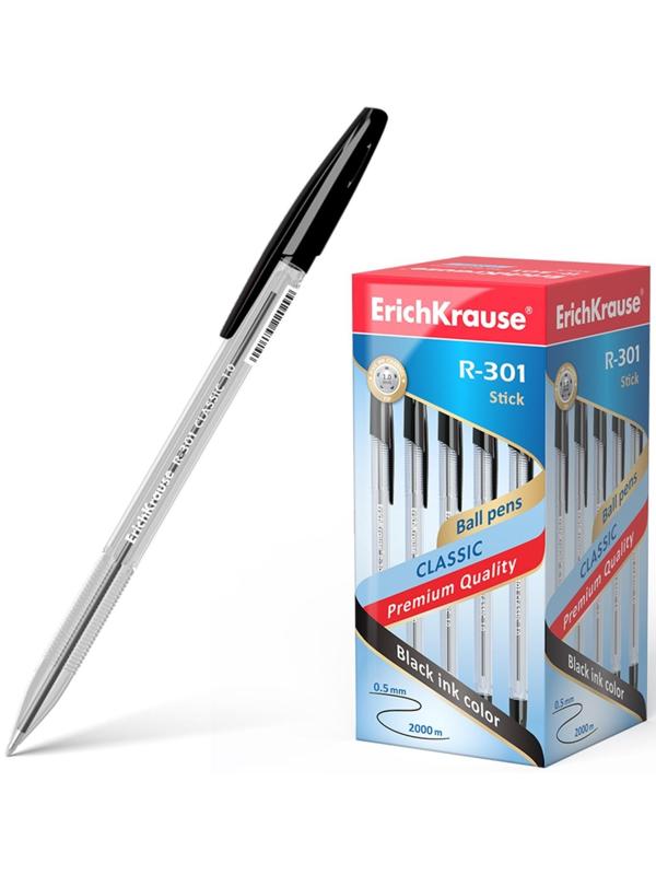 Ручка шариковая Erich Krause R-301 Classic Stick, узел 1.0 мм, чернила чёрные, длина линии письма 2000 метров, штрихкод на ручке