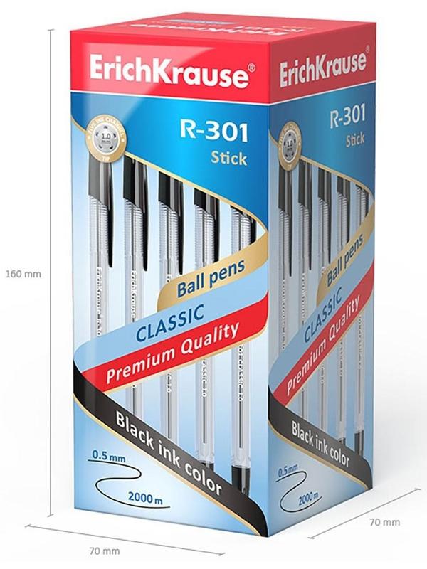 Ручка шариковая Erich Krause R-301 Classic Stick, узел 1.0 мм, чернила чёрные, длина линии письма 2000 метров, штрихкод на ручке