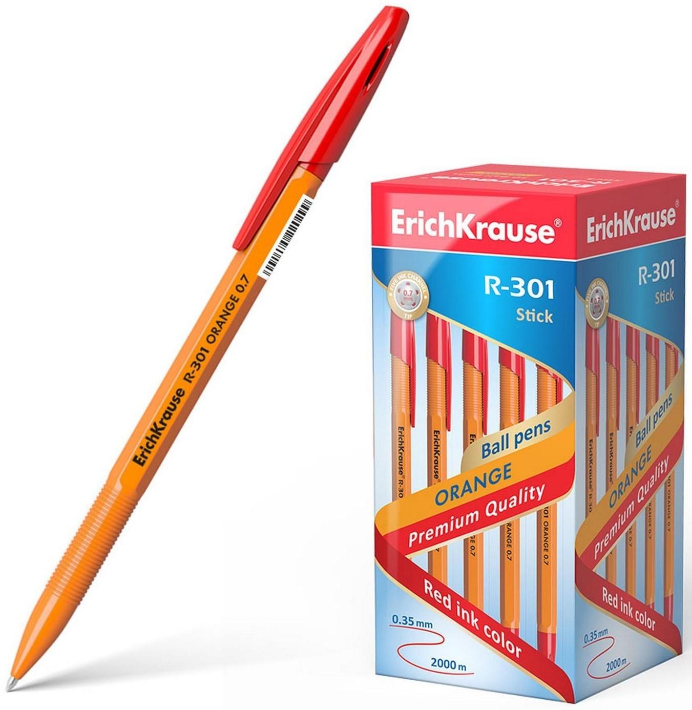 Ручка шариковая ErichKrause R-301 Orange Stick, узел 0.7 мм, чернила красные, длина линии письма 2000 метров, штрихкод на ручке