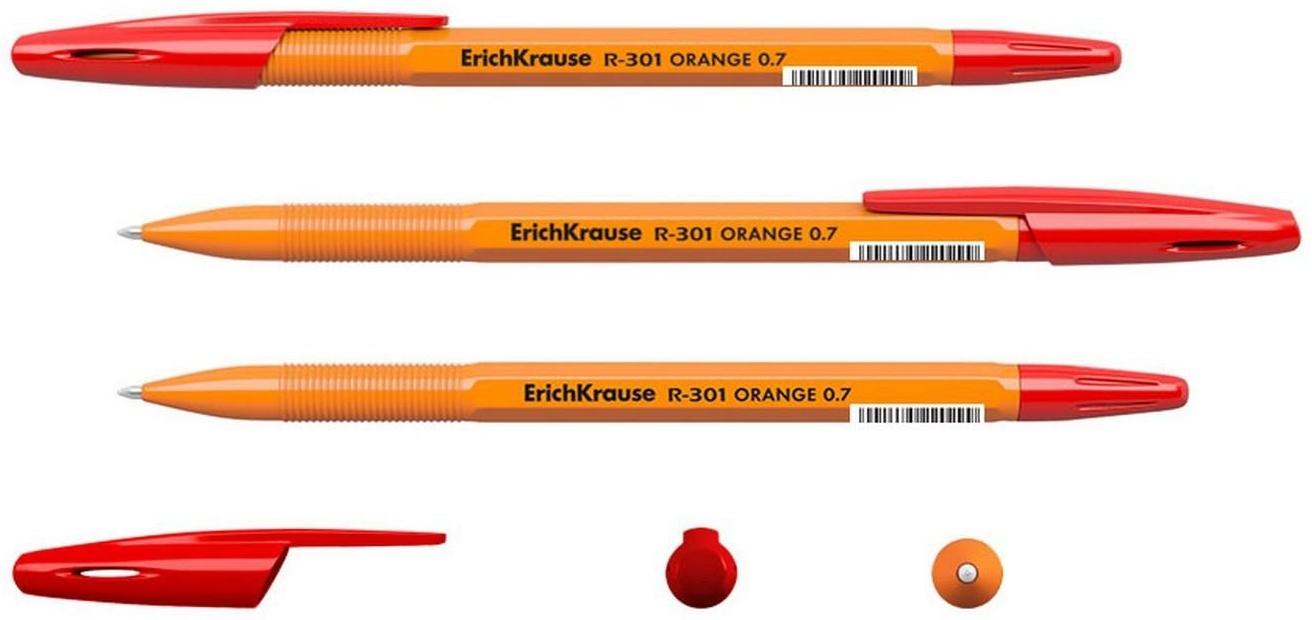 Ручка шариковая ErichKrause R-301 Orange Stick, узел 0.7 мм, чернила красные, длина линии письма 2000 метров, штрихкод на ручке