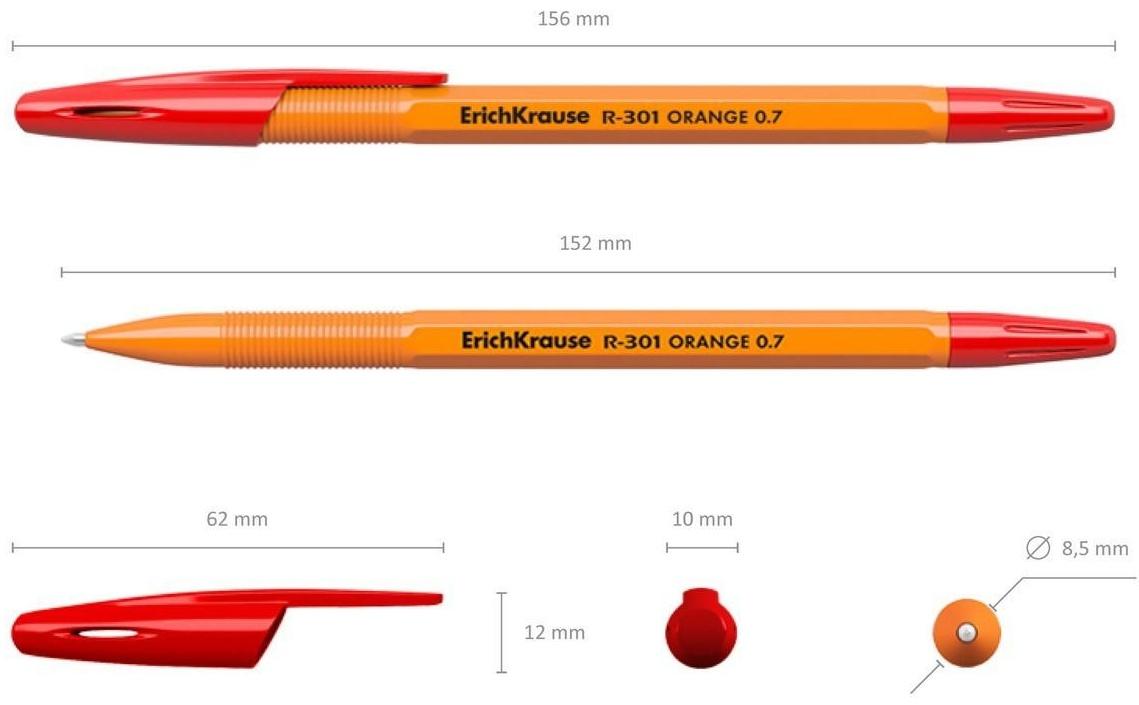 Ручка шариковая ErichKrause R-301 Orange Stick, узел 0.7 мм, чернила красные, длина линии письма 2000 метров, штрихкод на ручке