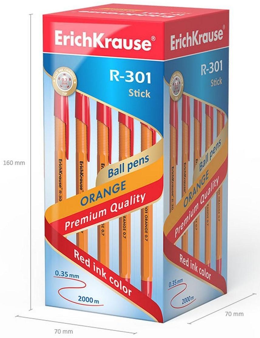 Ручка шариковая ErichKrause R-301 Orange Stick, узел 0.7 мм, чернила красные, длина линии письма 2000 метров, штрихкод на ручке