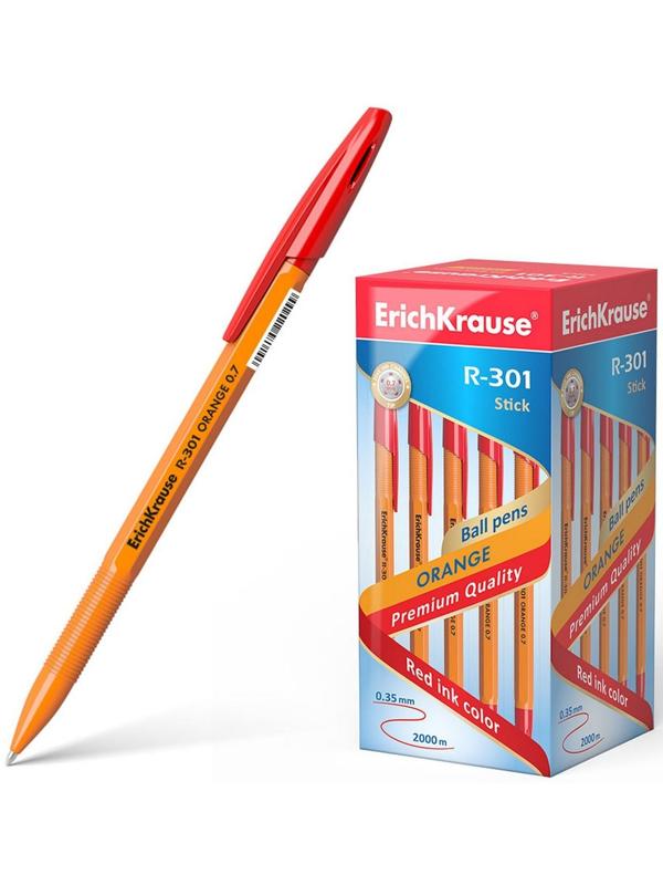 Ручка шариковая ErichKrause R-301 Orange Stick, узел 0.7 мм, чернила красные, длина линии письма 2000 метров, штрихкод на ручке