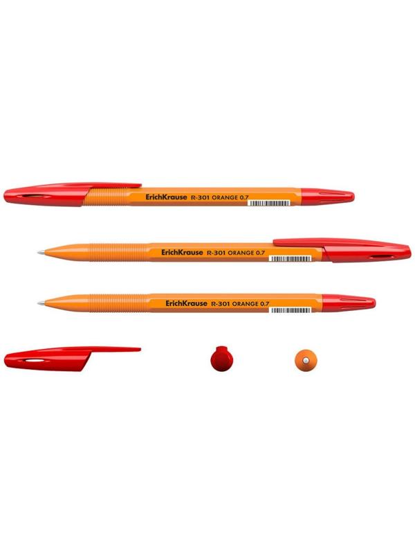 Ручка шариковая ErichKrause R-301 Orange Stick, узел 0.7 мм, чернила красные, длина линии письма 2000 метров, штрихкод на ручке