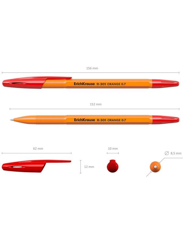 Ручка шариковая ErichKrause R-301 Orange Stick, узел 0.7 мм, чернила красные, длина линии письма 2000 метров, штрихкод на ручке