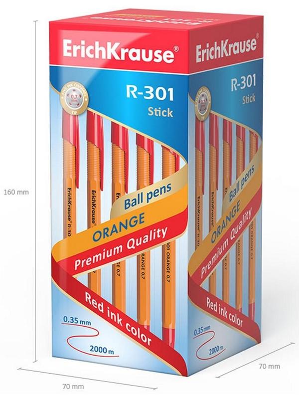 Ручка шариковая ErichKrause R-301 Orange Stick, узел 0.7 мм, чернила красные, длина линии письма 2000 метров, штрихкод на ручке