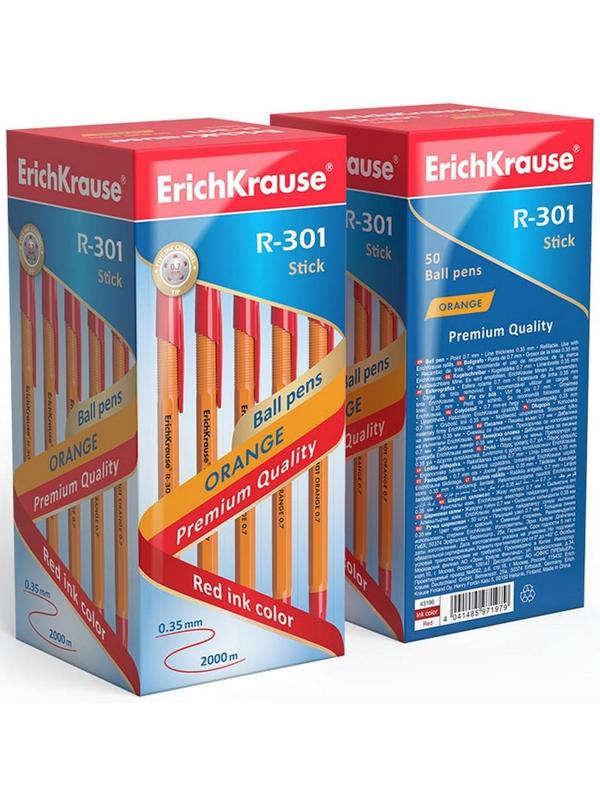 Ручка шариковая ErichKrause R-301 Orange Stick, узел 0.7 мм, чернила красные, длина линии письма 2000 метров, штрихкод на ручке