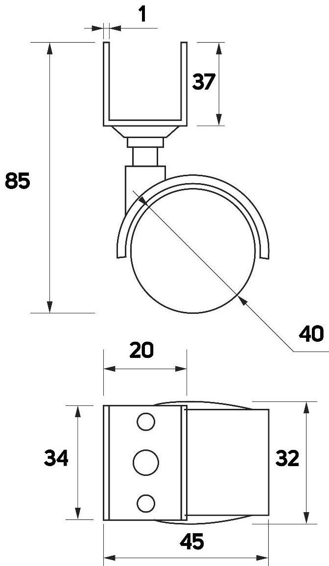 Колесо мебельное, d=40 мм, с U-образным креплением, без тормоза