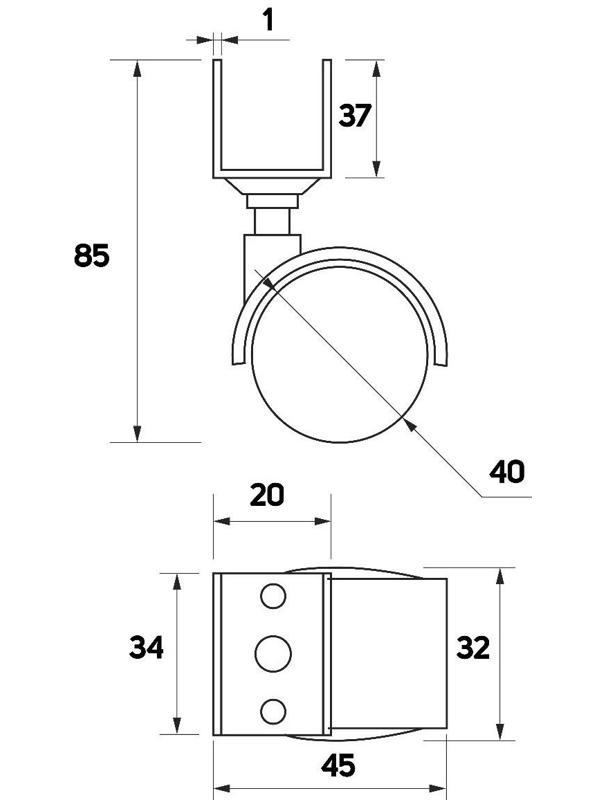 Колесо мебельное, d=40 мм, с U-образным креплением, без тормоза