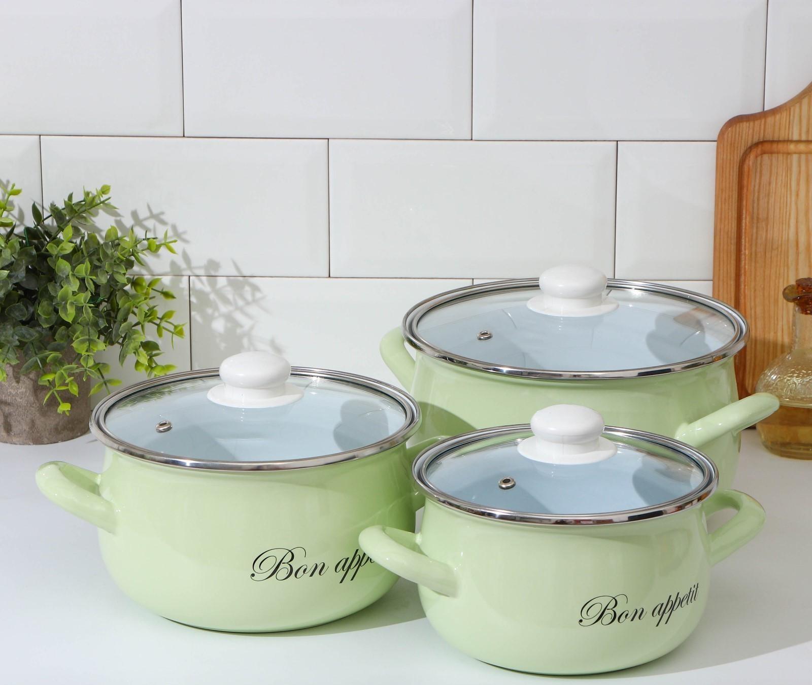 Набор кастрюль «Лайм», 3 предмета: 2,1/3,1/4 л, крышки, индукция, цвет светло-зелёный