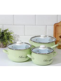 Набор кастрюль «Лайм», 3 предмета: 2,1/3,1/4 л, крышки, индукция, цвет светло-зелёный