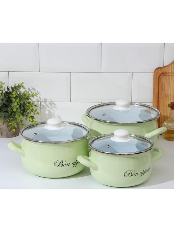 Набор кастрюль «Лайм», 3 предмета: 2,1/3,1/4 л, крышки, индукция, цвет светло-зелёный