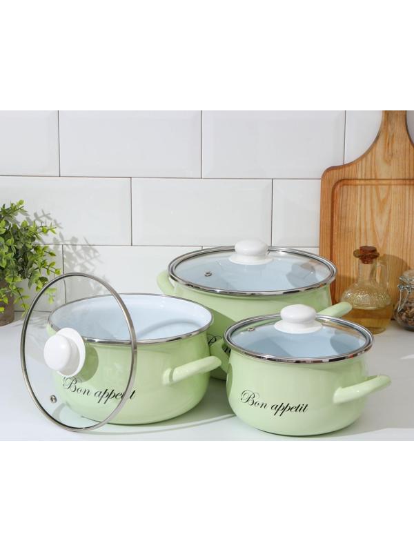 Набор кастрюль «Лайм», 3 предмета: 2,1/3,1/4 л, крышки, индукция, цвет светло-зелёный