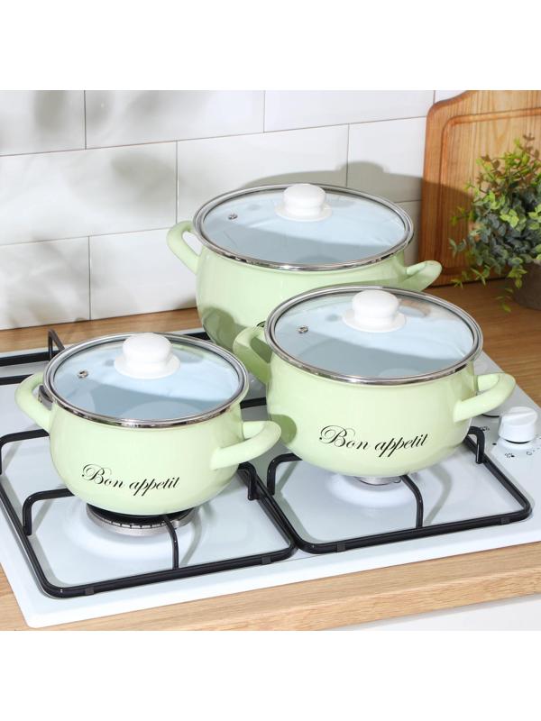 Набор кастрюль «Лайм», 3 предмета: 2,1/3,1/4 л, крышки, индукция, цвет светло-зелёный