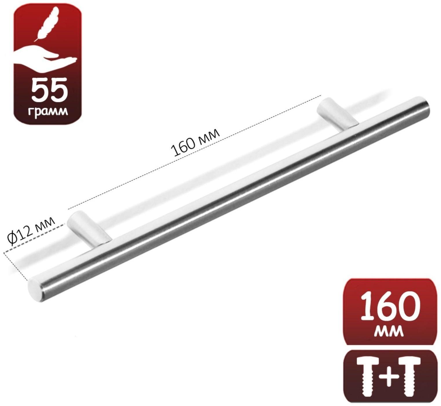 Ручка рейлинг, облегченная, d=12 мм, м/о 160 мм, цвет матовый никель
