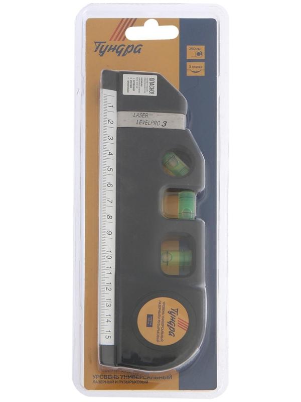 Уровень универсальный 4 в 1 ТУНДРА, лазерный, пузырьковый, рулетка 2.5 м, линейка 150 мм