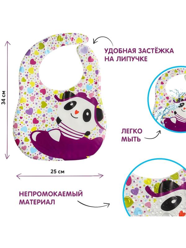 Нагрудник для кормления «Весёлая панда» непромокаемый на липучке, с карманом, мягкий
