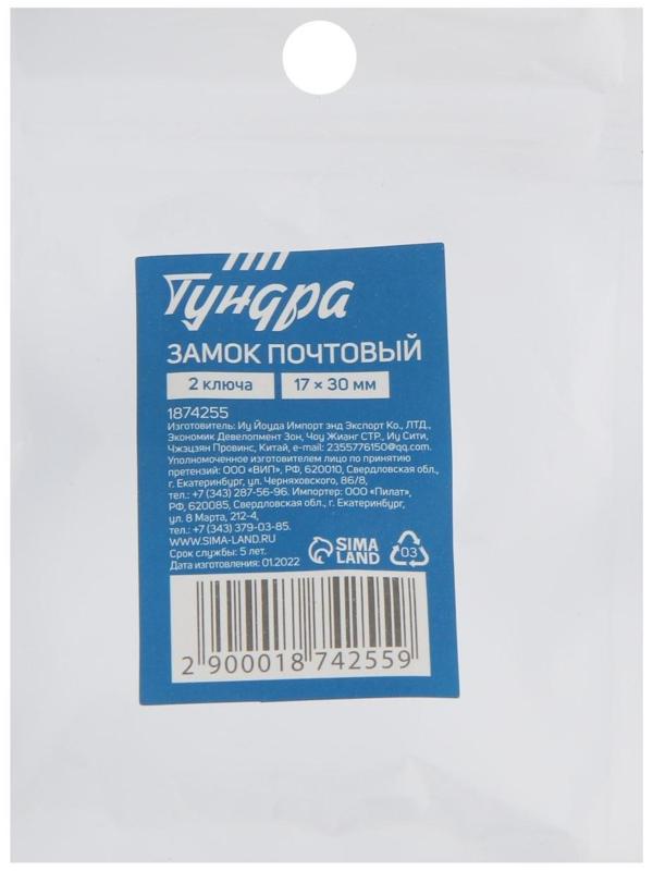 Замок почтовый ТУНДРА, 17х30 мм, 2 ключа