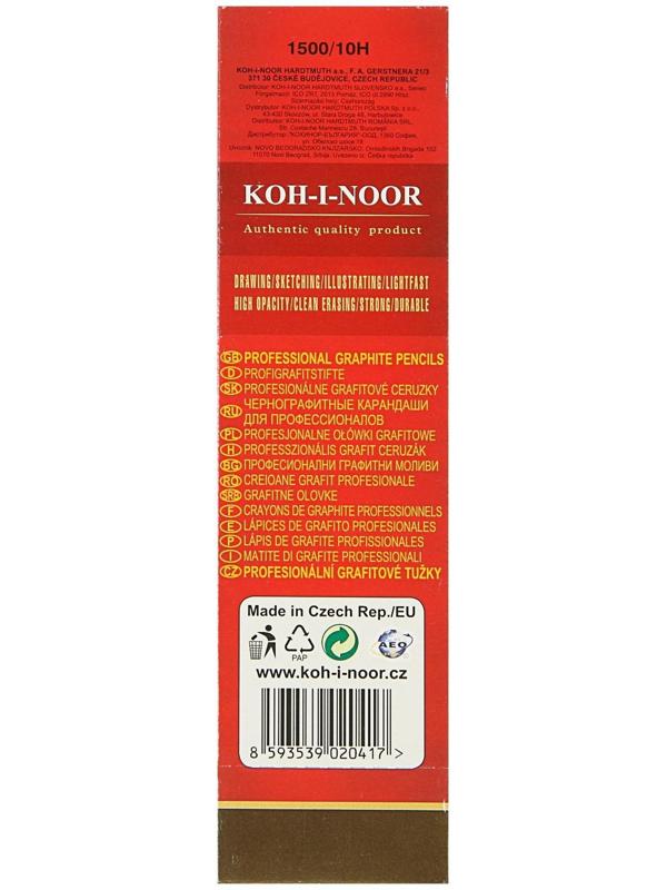 Карандаш чернографитный 2.0 мм, Koh-I-Noor 1500 10H, профессиональный, L=175 мм