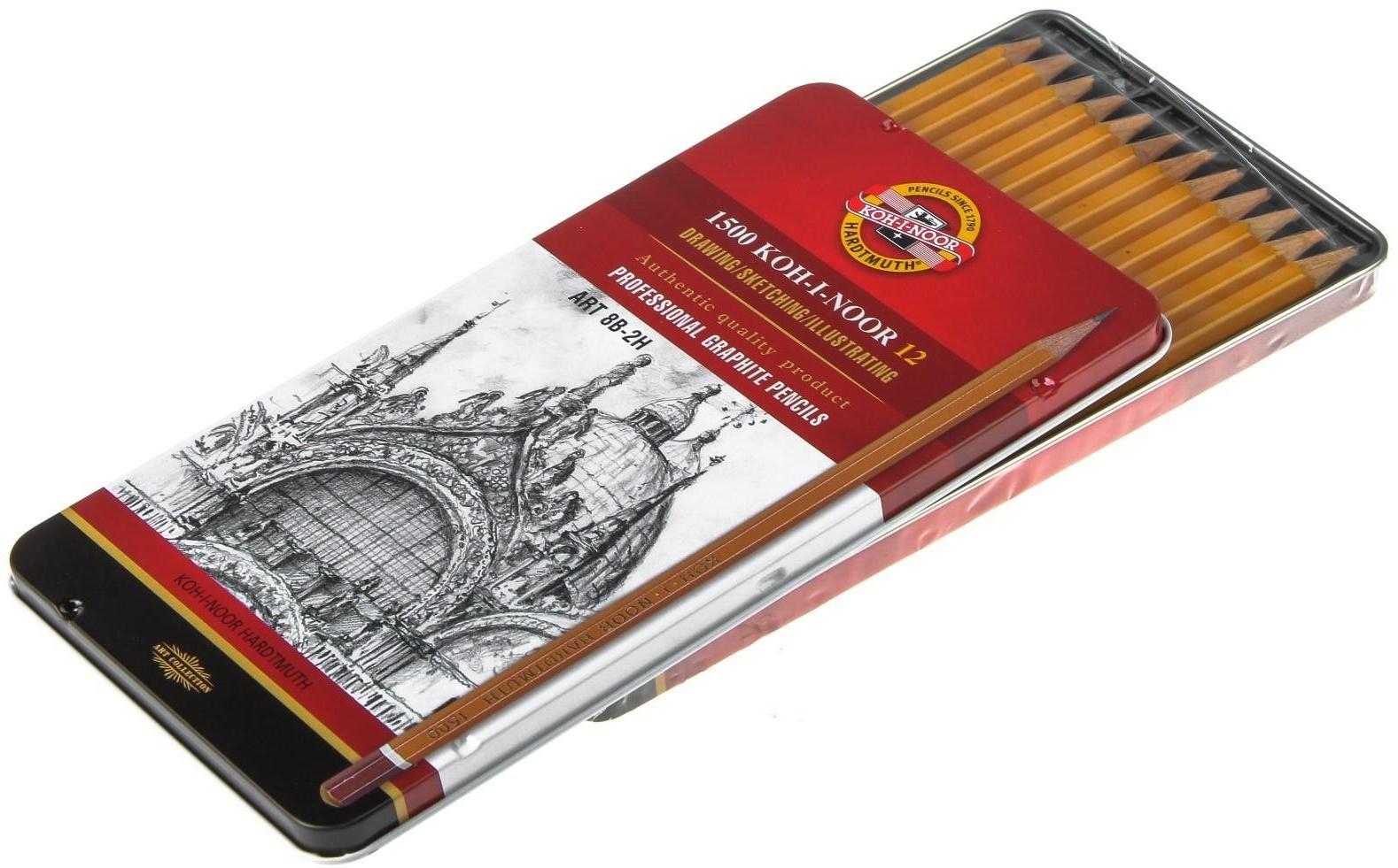 Набор карандашей чернографитных разной твердости 12 штук Koh-i-Noor 1502/II, 8B-2H, в металлическом пенале