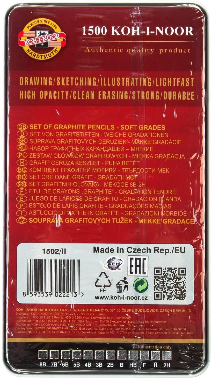 Набор карандашей чернографитных разной твердости 12 штук Koh-i-Noor 1502/II, 8B-2H, в металлическом пенале