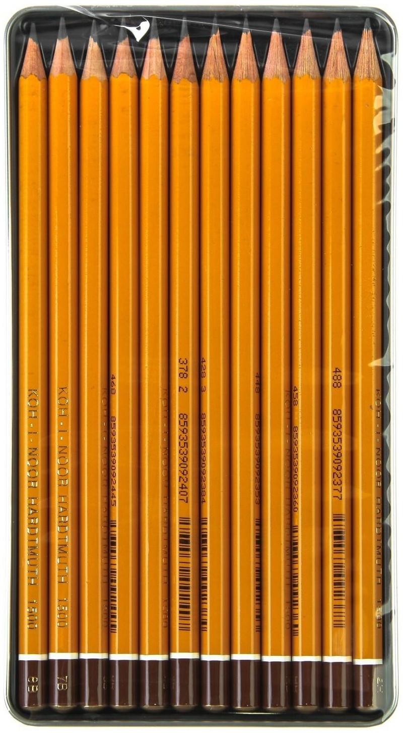 Набор карандашей чернографитных разной твердости 12 штук Koh-i-Noor 1502/II, 8B-2H, в металлическом пенале