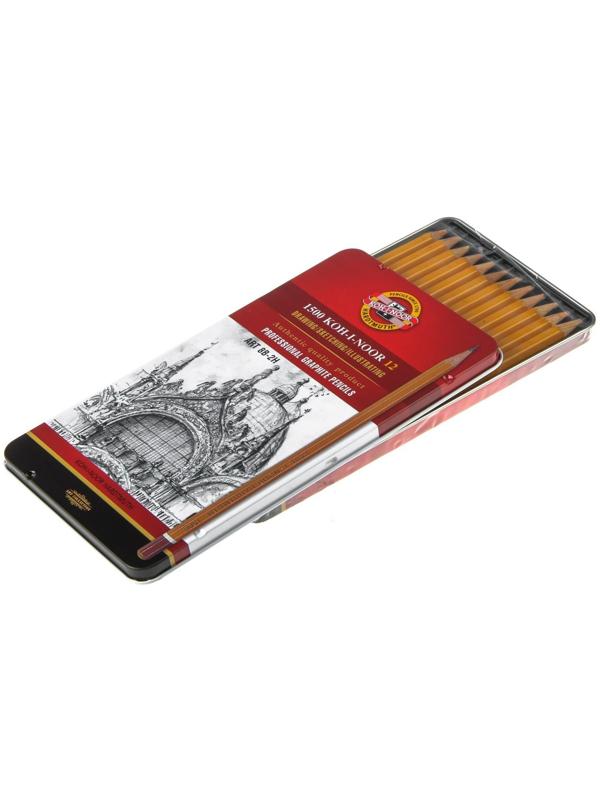 Набор карандашей чернографитных разной твердости 12 штук Koh-i-Noor 1502/II, 8B-2H, в металлическом пенале