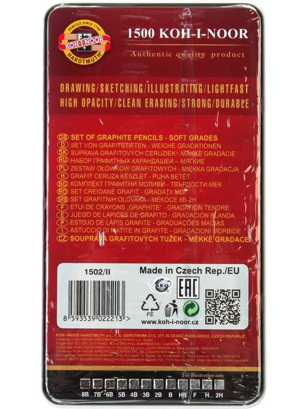 Набор карандашей чернографитных разной твердости 12 штук Koh-i-Noor 1502/II, 8B-2H, в металлическом пенале